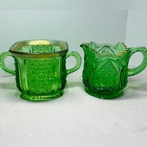 Collectible EAPG Emerald Green Pressed Glass Sugar and Creamer Set